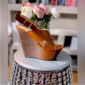 - “DAFF” COGNAC BAMBOO PLATFORM WEDGES OPEN TOE ANKLE STRAP WITH BUCKLE STRAPS 7